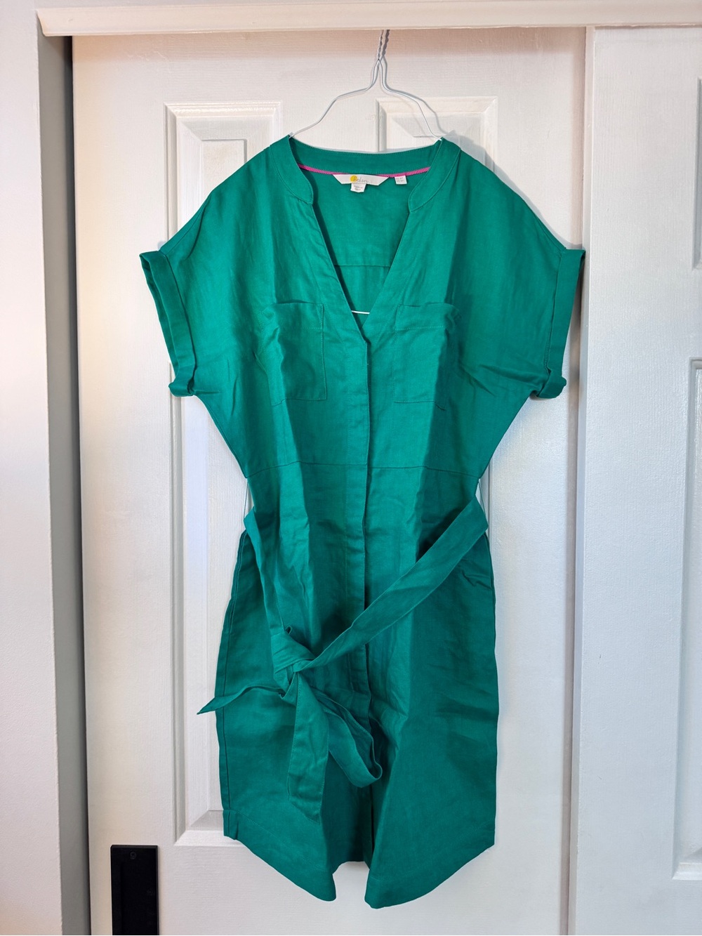 Boden Green Linen Tie-Waist Dress w/ Pockets